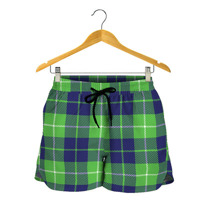 Green Blue And White Tartan Print Women's Shorts