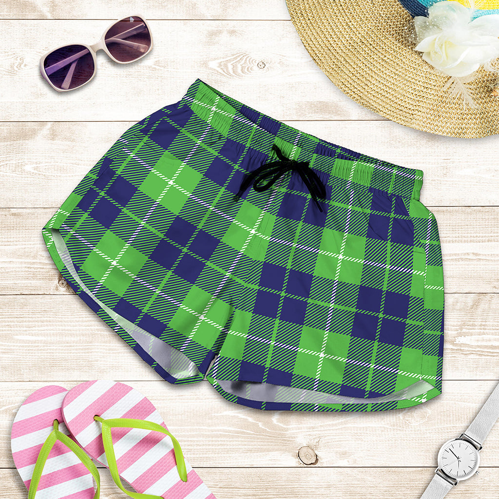 Green Blue And White Tartan Print Women's Shorts