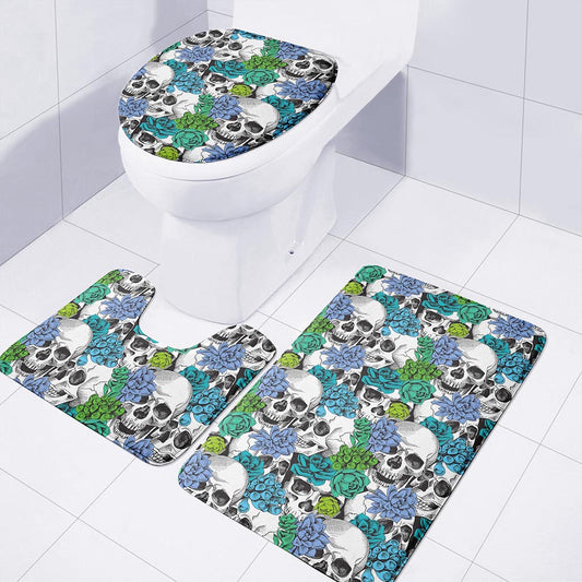 Green Blue Flowers Skull Pattern Print 3 Piece Bath Mat Set
