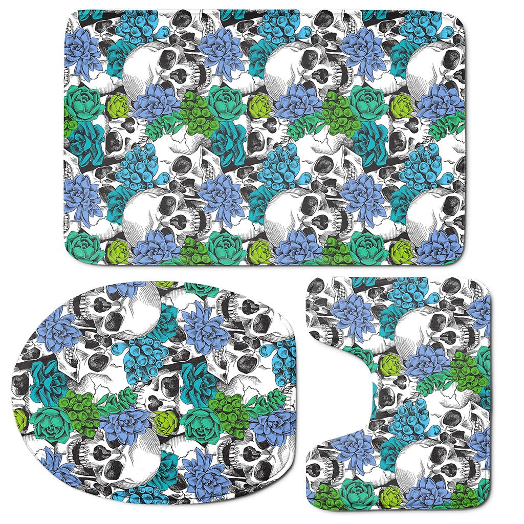 Green Blue Flowers Skull Pattern Print 3 Piece Bath Mat Set
