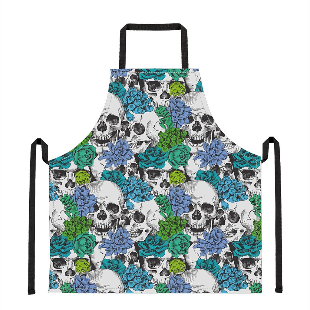 Green Blue Flowers Skull Pattern Print Apron