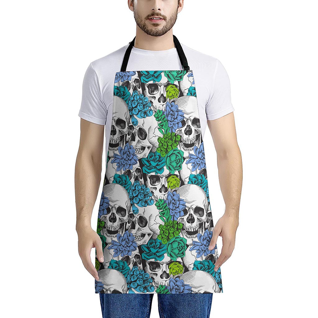 Green Blue Flowers Skull Pattern Print Apron