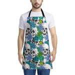 Green Blue Flowers Skull Pattern Print Apron