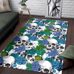 Green Blue Flowers Skull Pattern Print Area Rug GearFrost