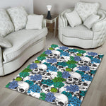 Green Blue Flowers Skull Pattern Print Area Rug GearFrost