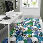 Green Blue Flowers Skull Pattern Print Area Rug GearFrost