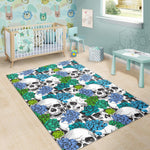 Green Blue Flowers Skull Pattern Print Area Rug GearFrost