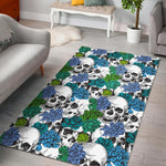 Green Blue Flowers Skull Pattern Print Area Rug GearFrost