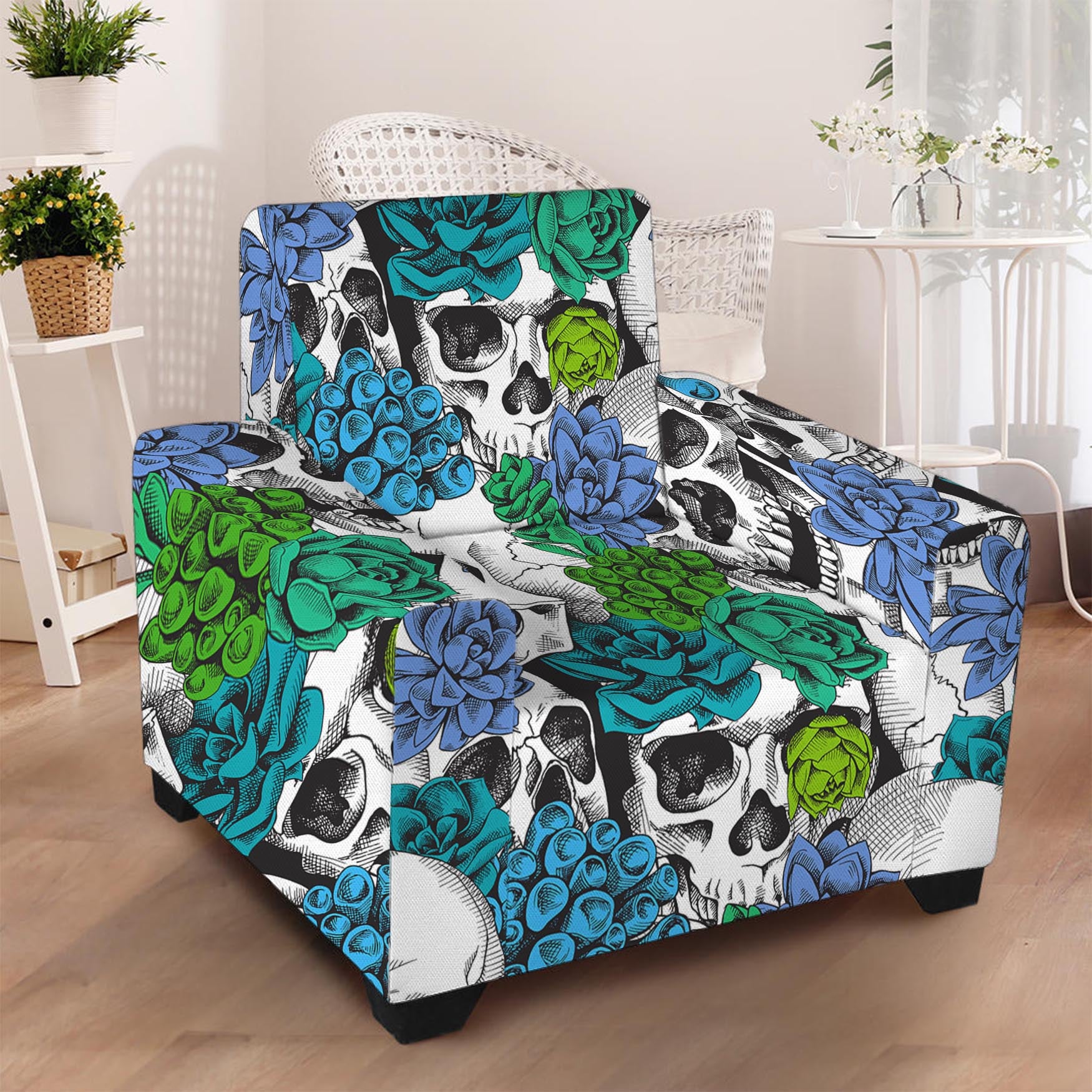 Green Blue Flowers Skull Pattern Print Armchair Slipcover