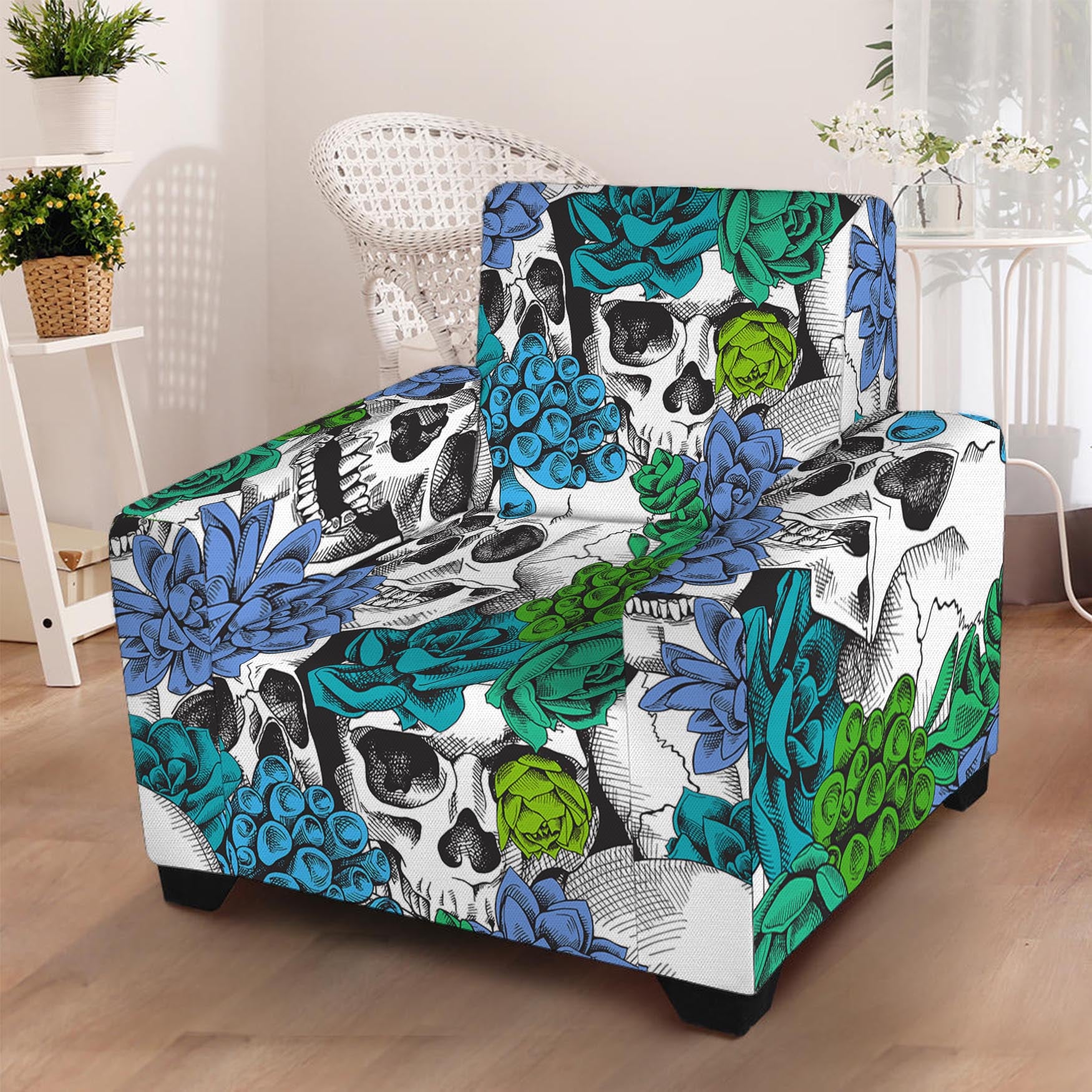 Green Blue Flowers Skull Pattern Print Armchair Slipcover