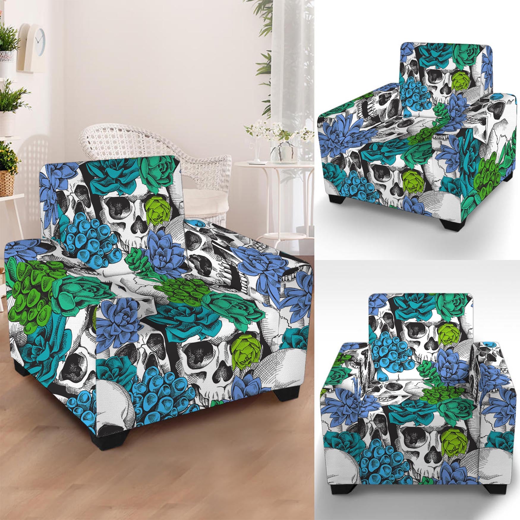 Green Blue Flowers Skull Pattern Print Armchair Slipcover