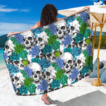 Green Blue Flowers Skull Pattern Print Beach Sarong Wrap