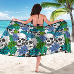 Green Blue Flowers Skull Pattern Print Beach Sarong Wrap