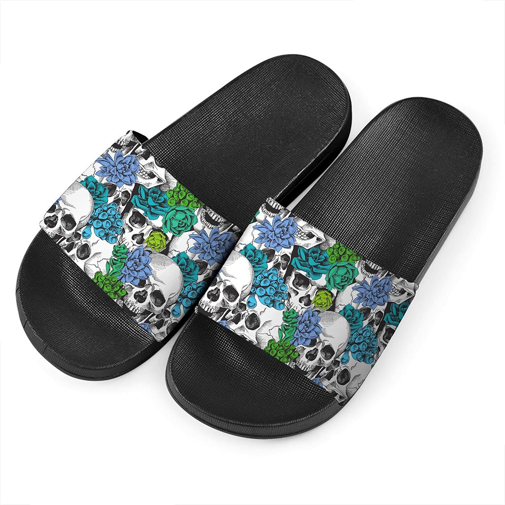 Green Blue Flowers Skull Pattern Print Black Slide Sandals