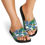 Green Blue Flowers Skull Pattern Print Black Slide Sandals