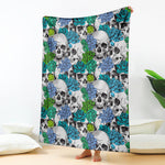 Green Blue Flowers Skull Pattern Print Blanket