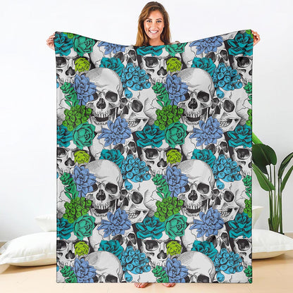 Green Blue Flowers Skull Pattern Print Blanket