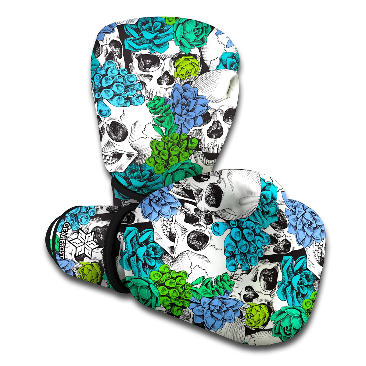 Green Blue Flowers Skull Pattern Print Boxing Gloves