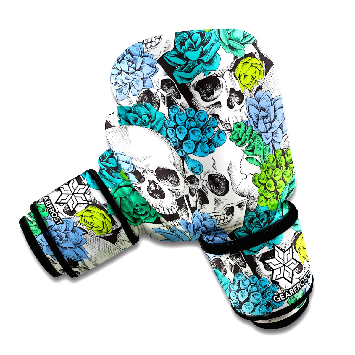 Green Blue Flowers Skull Pattern Print Boxing Gloves