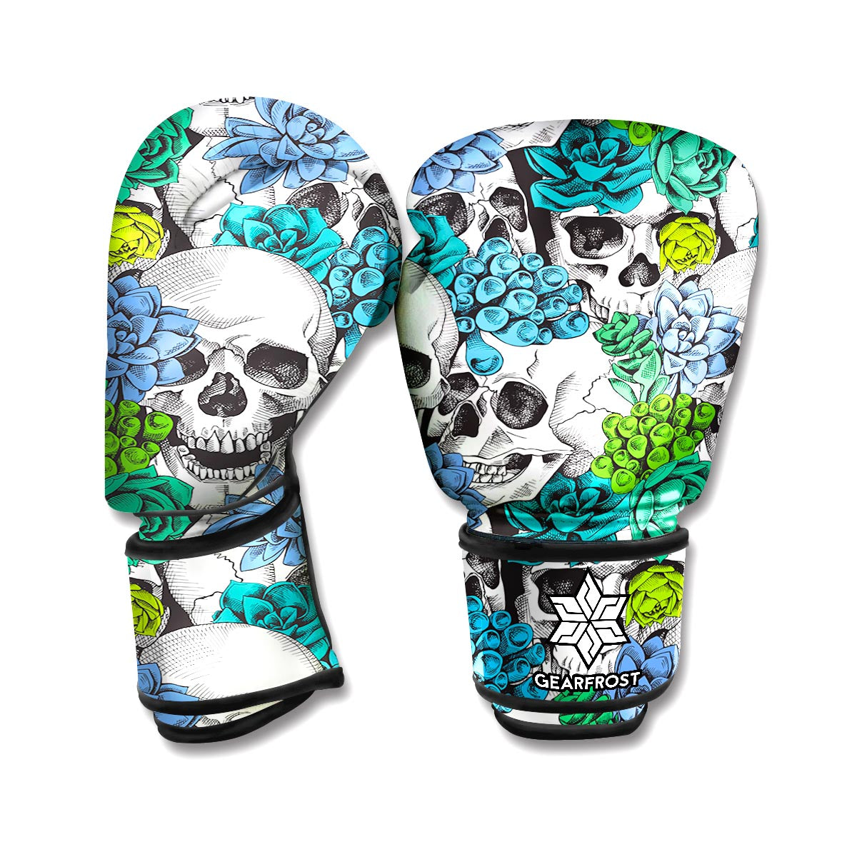 Green Blue Flowers Skull Pattern Print Boxing Gloves