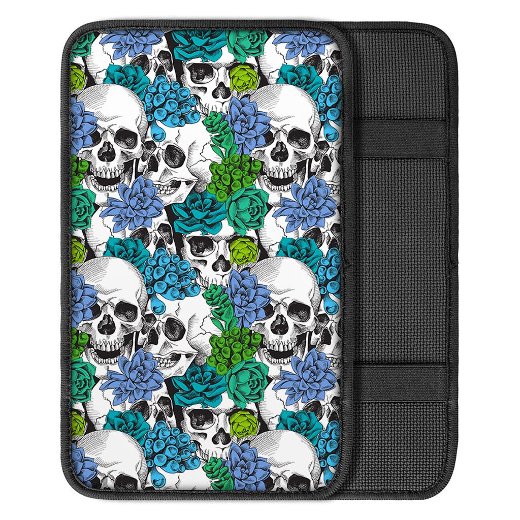 Green Blue Flowers Skull Pattern Print Car Center Console Cover