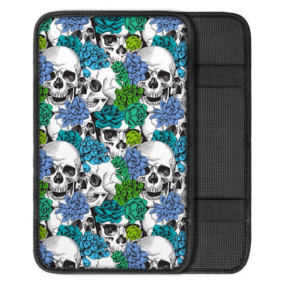 Green Blue Flowers Skull Pattern Print Car Center Console Cover