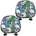 Green Blue Flowers Skull Pattern Print Car Headrest Covers