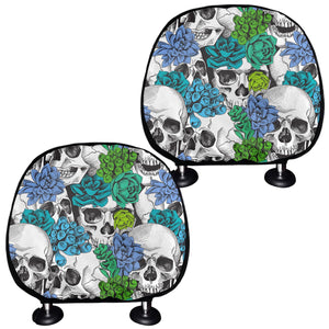 Green Blue Flowers Skull Pattern Print Car Headrest Covers