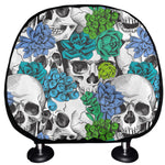 Green Blue Flowers Skull Pattern Print Car Headrest Covers