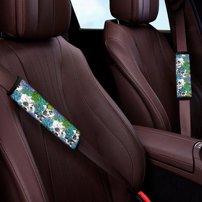 Green Blue Flowers Skull Pattern Print Car Seat Belt Covers