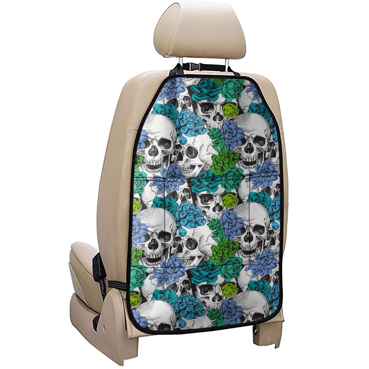 Green Blue Flowers Skull Pattern Print Car Seat Organizers