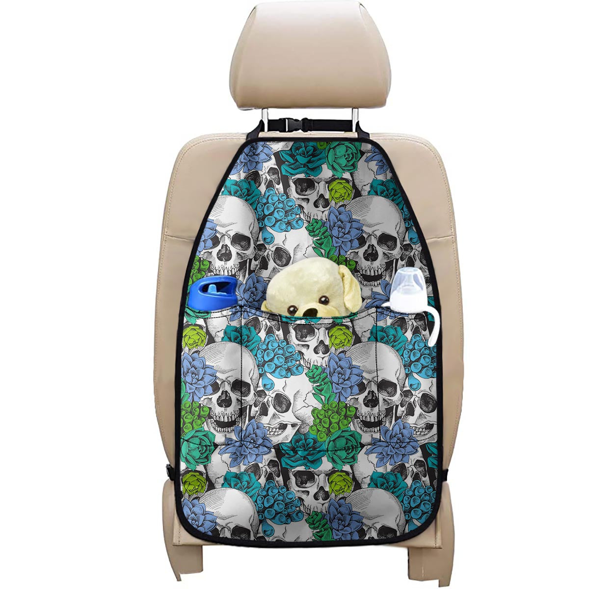 Green Blue Flowers Skull Pattern Print Car Seat Organizers