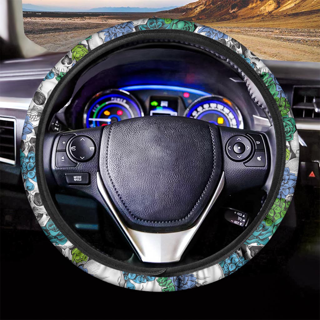 Green Blue Flowers Skull Pattern Print Car Steering Wheel Cover