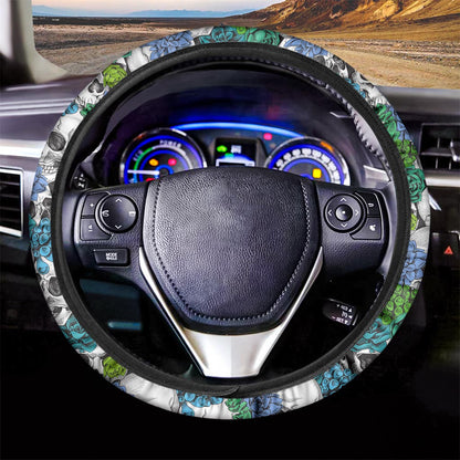Green Blue Flowers Skull Pattern Print Car Steering Wheel Cover