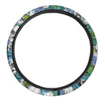Green Blue Flowers Skull Pattern Print Car Steering Wheel Cover