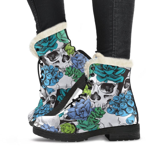 Green Blue Flowers Skull Pattern Print Comfy Boots GearFrost