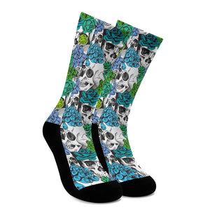 Green Blue Flowers Skull Pattern Print Crew Socks