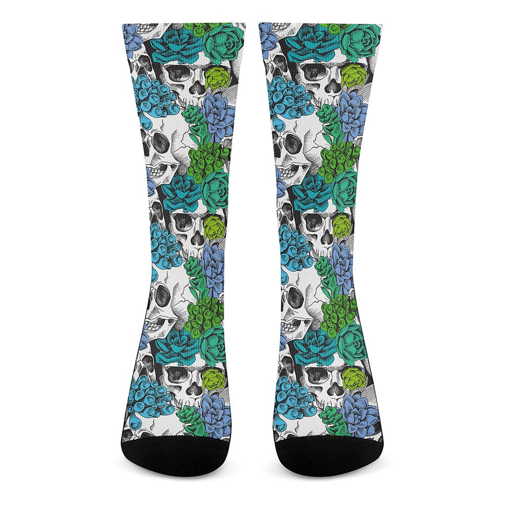 Green Blue Flowers Skull Pattern Print Crew Socks