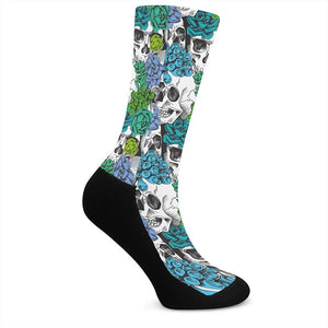 Green Blue Flowers Skull Pattern Print Crew Socks