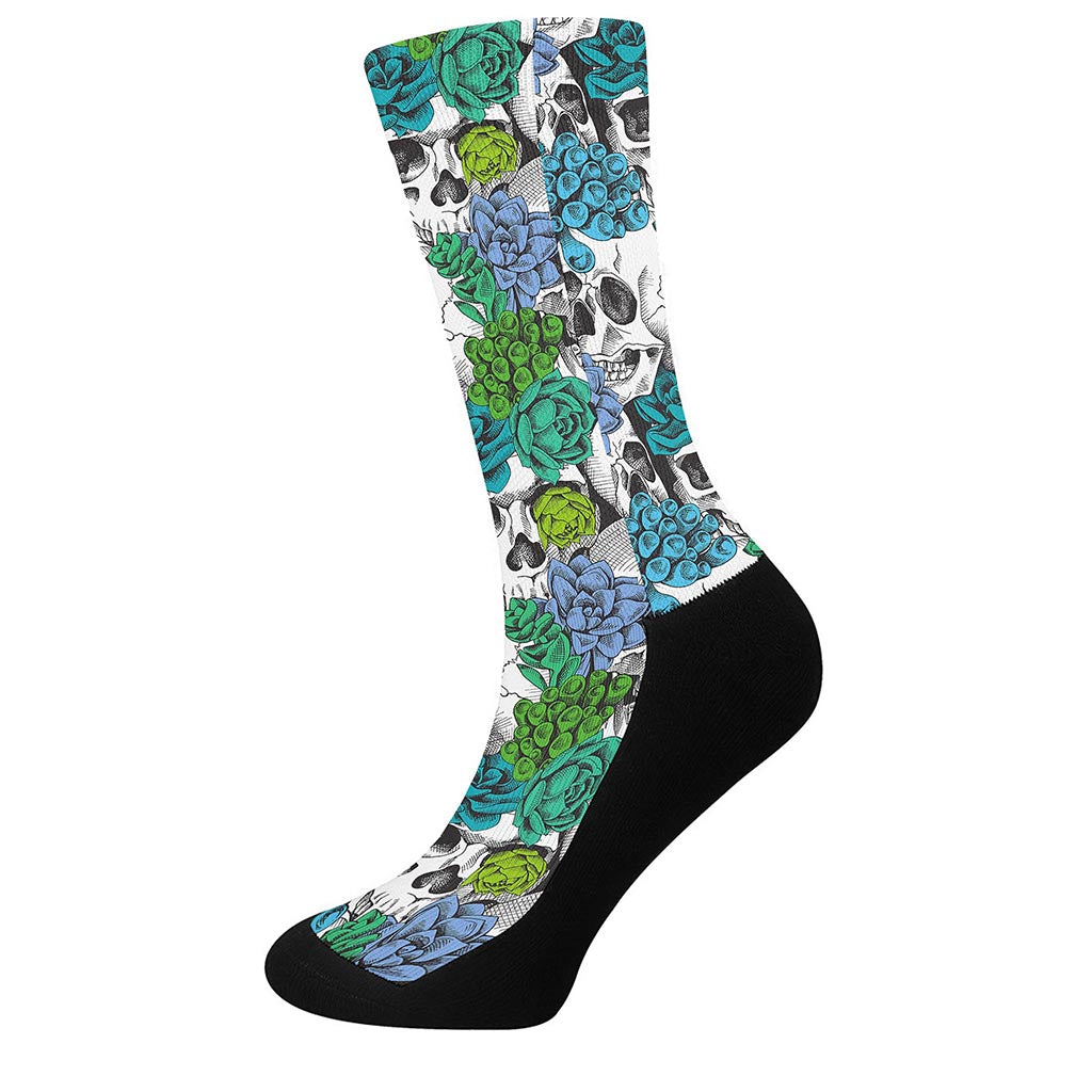 Green Blue Flowers Skull Pattern Print Crew Socks