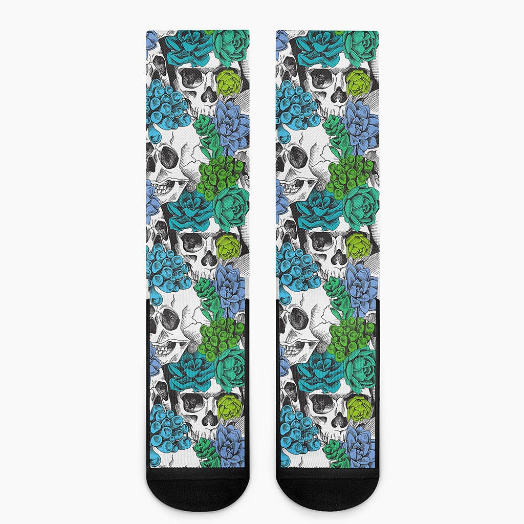 Green Blue Flowers Skull Pattern Print Crew Socks