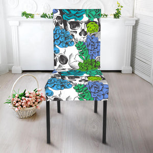 Green Blue Flowers Skull Pattern Print Dining Chair Slipcover