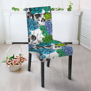 Green Blue Flowers Skull Pattern Print Dining Chair Slipcover