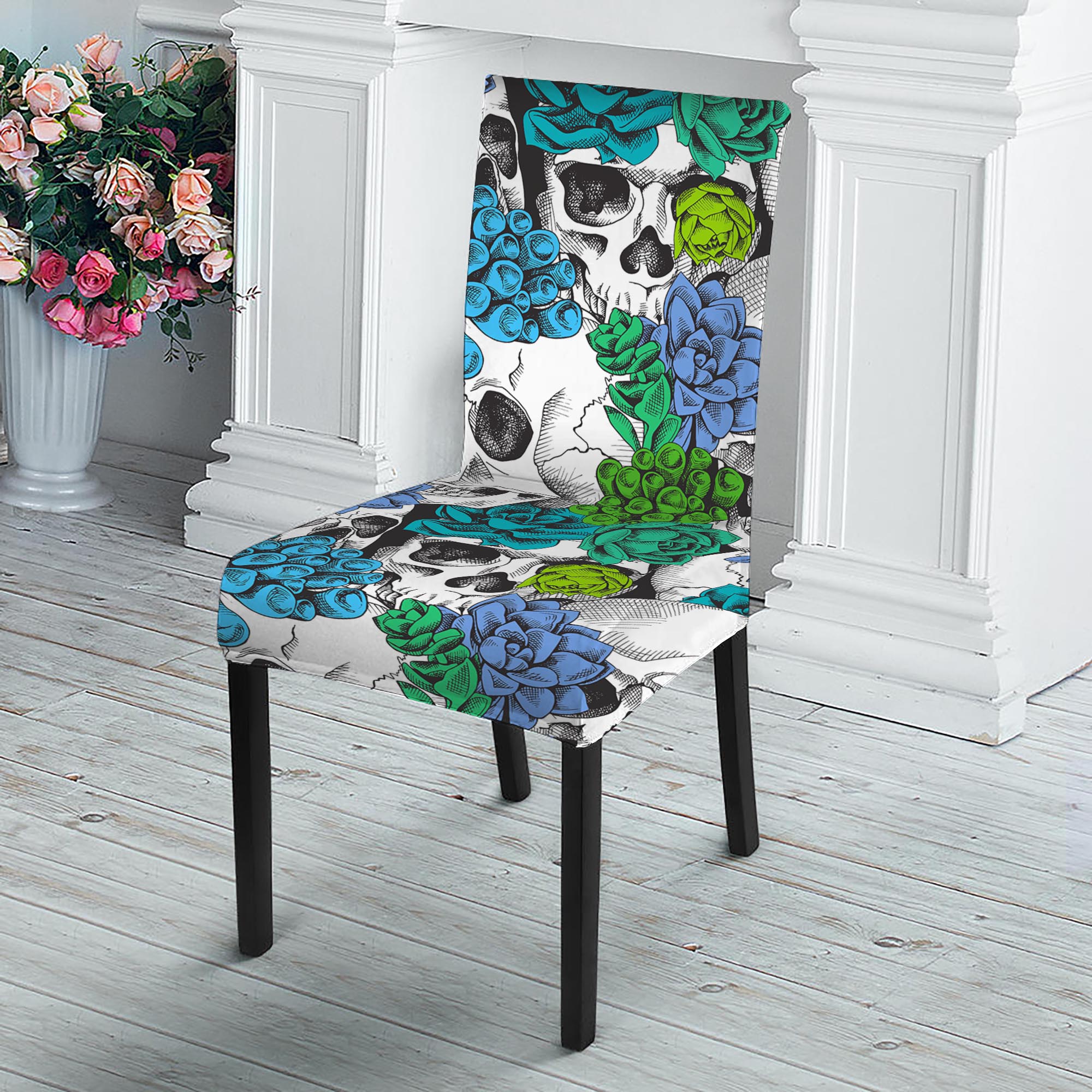 Green Blue Flowers Skull Pattern Print Dining Chair Slipcover