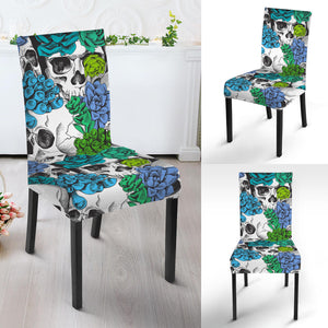 Green Blue Flowers Skull Pattern Print Dining Chair Slipcover