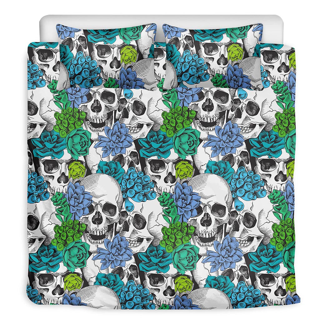 Green Blue Flowers Skull Pattern Print Duvet Cover Bedding Set