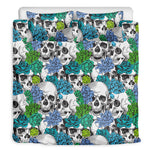 Green Blue Flowers Skull Pattern Print Duvet Cover Bedding Set