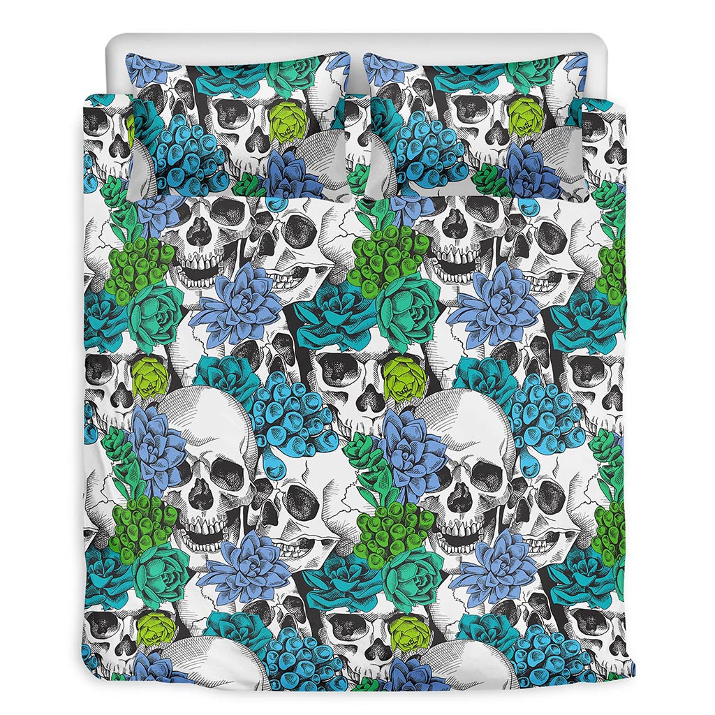 Green Blue Flowers Skull Pattern Print Duvet Cover Bedding Set