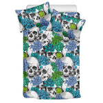 Green Blue Flowers Skull Pattern Print Duvet Cover Bedding Set