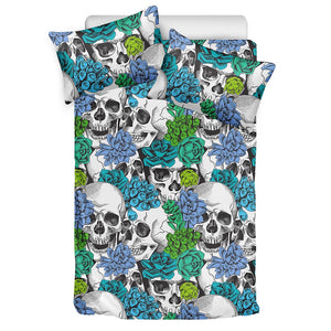 Green Blue Flowers Skull Pattern Print Duvet Cover Bedding Set